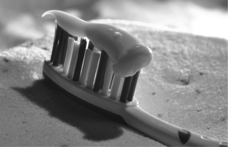 black and white closeup of toothpaste on toothbrush