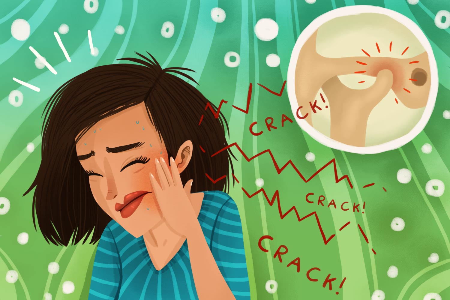 Cartoon image of a woman cringing in pain due to TMJ dysfunction