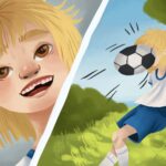 Cartoon image of a girl playing soccer that gets a chipped tooth