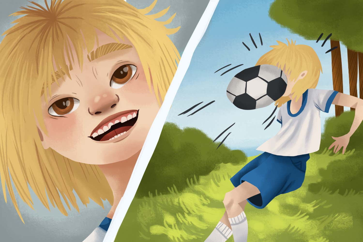 Cartoon image of a girl playing soccer that gets a chipped tooth