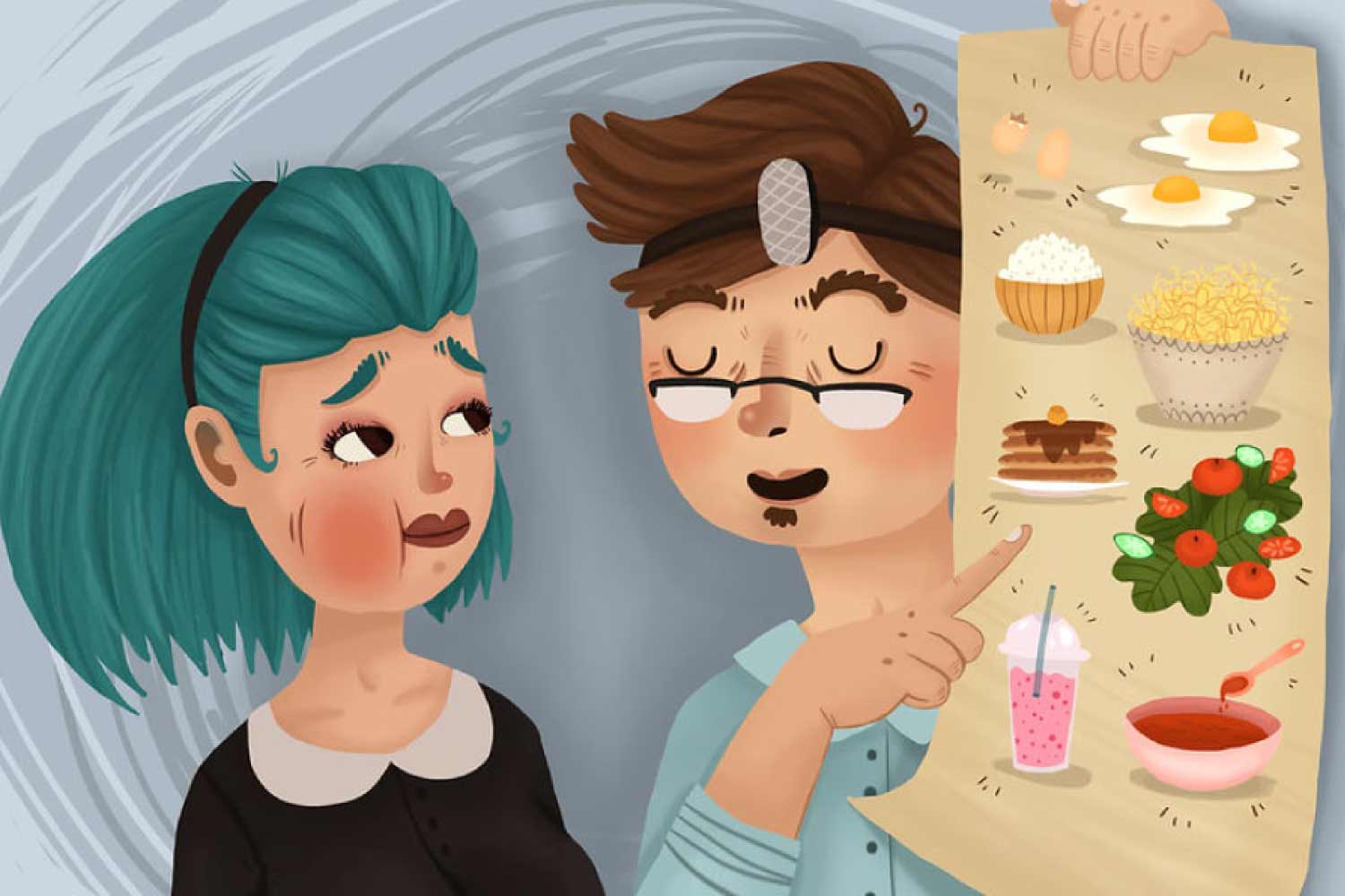Cartoon dentist showing a woman with a swollen jaw a poster of soft foods to eat after oral surgery.