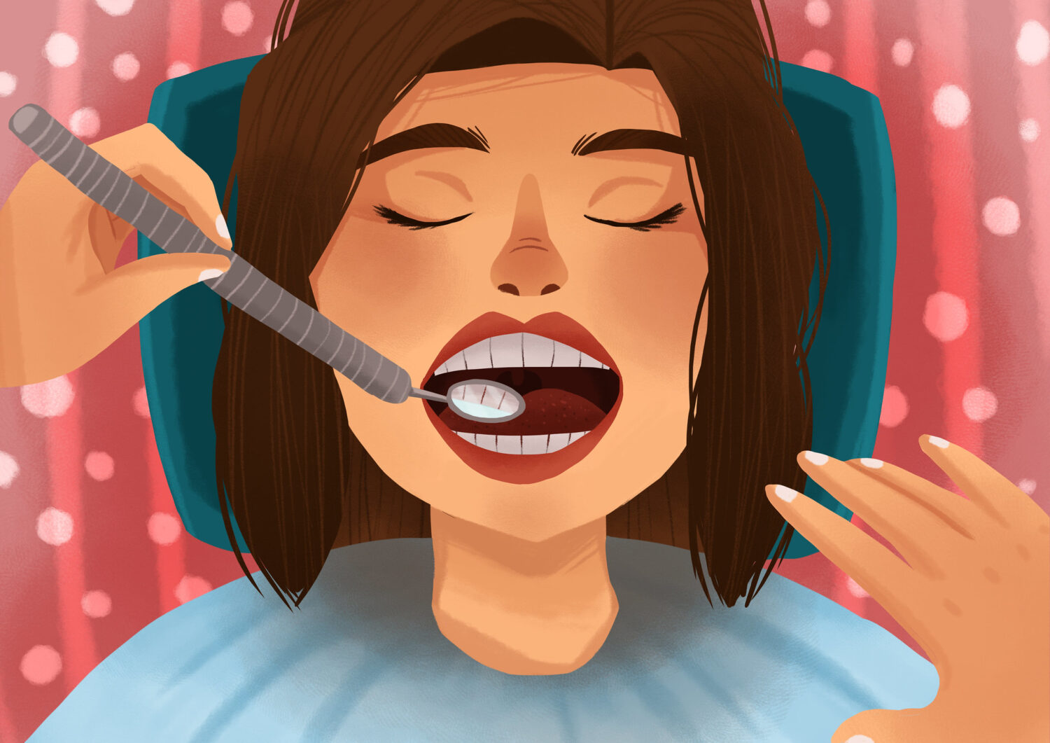 Cartoon image of a women having her teeth and gums examined with a dental mirror at her Canton dentist