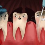 Cartoon showing tooth decay in different stages with one tooth getting root canal therapy