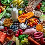 Aerial view of a variety of healthy foods that are part of a balanced diet with essential vitamins and minerals