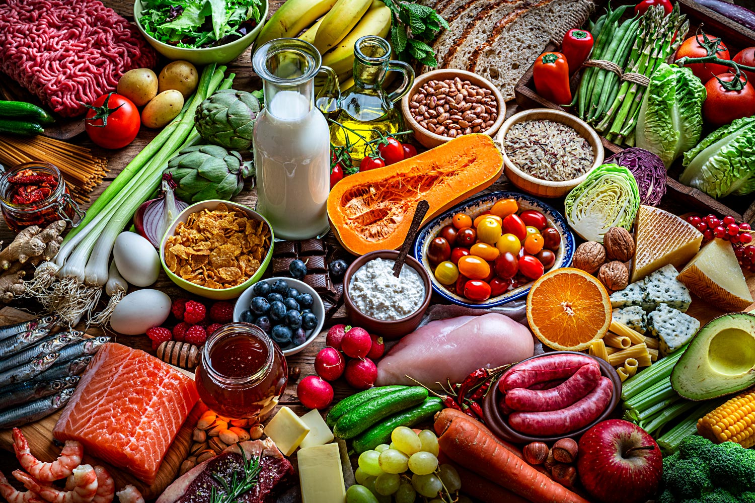 Aerial view of a variety of healthy foods that are part of a balanced diet with essential vitamins and minerals